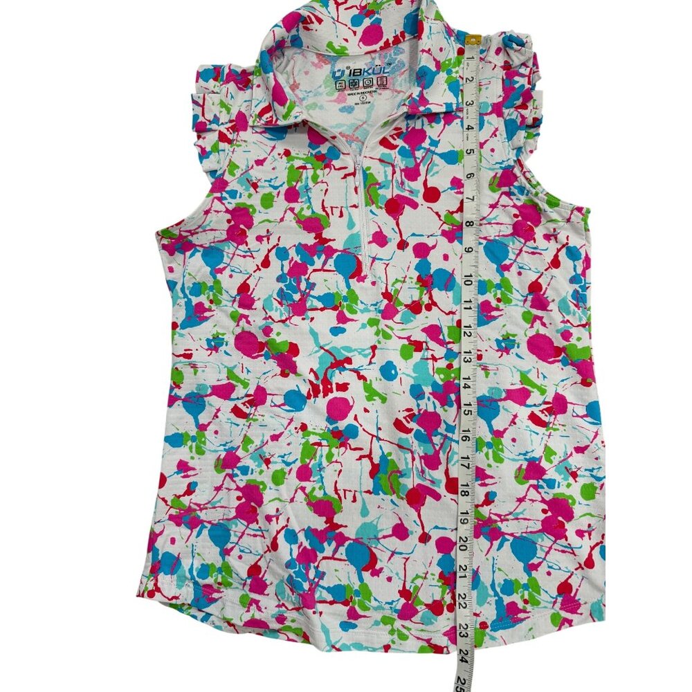 IBKUL Womens Size S Top  1/4 Zip Ruffle-Cap-Sleeve Pink Blue White Splatter UPF - Picture 6 of 8